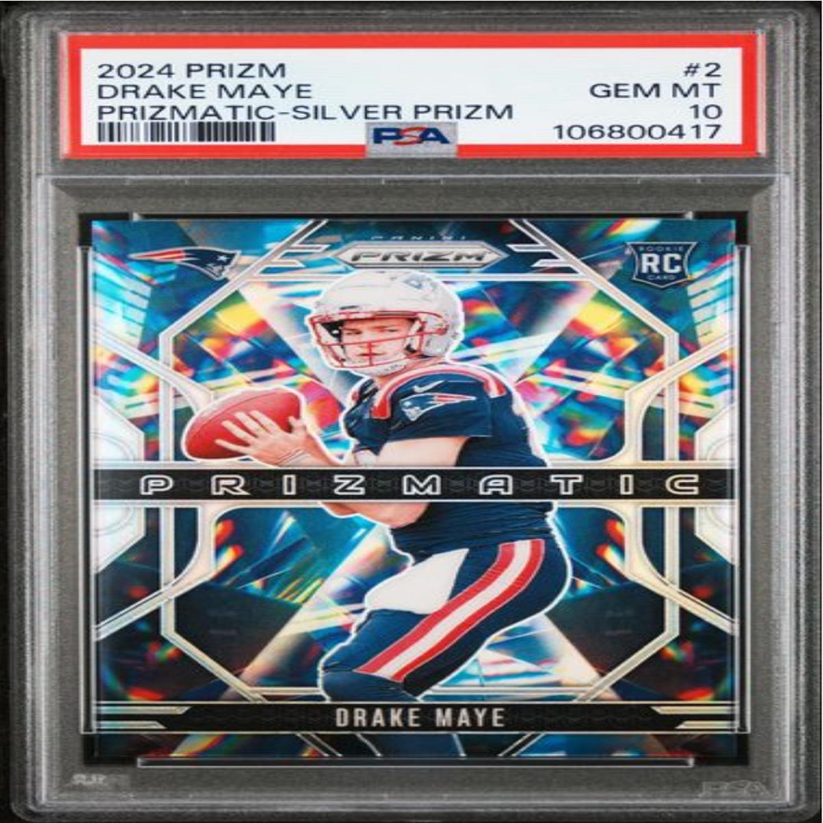 Graded 2024 Panini Prizm Drake Maye #2 Prizmatic Silver Prizm Rookie RC Football Card PSA 10 Gem Mint