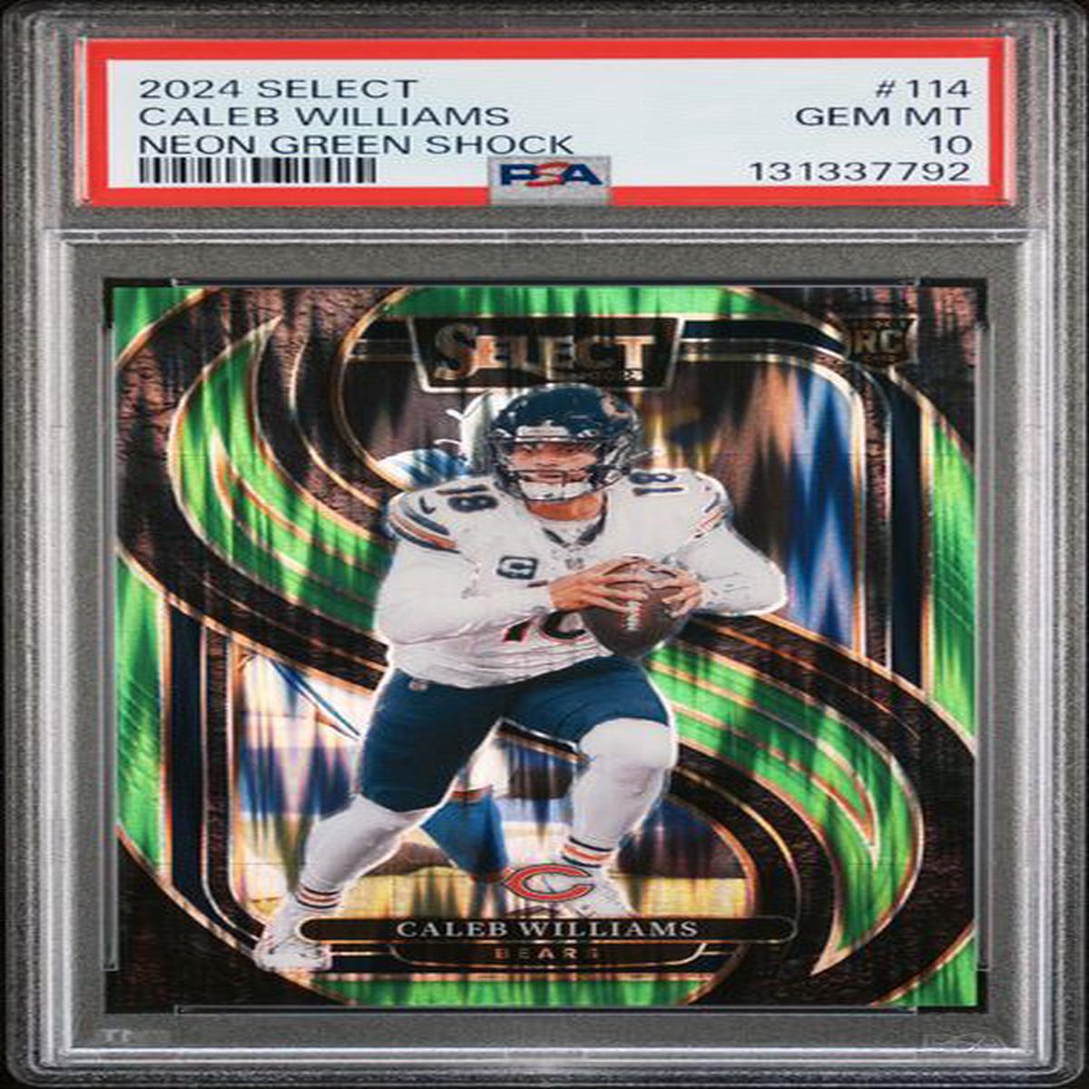 Graded 2024 Panini Select Caleb Williams #114 Neon Green Shock /499 Rookie RC Football Card PSA 10 Gem Mint