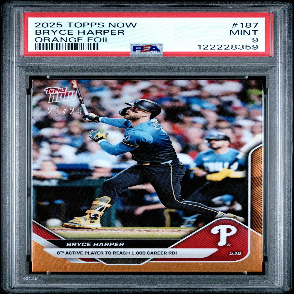 Graded 2025 Topps Now Bryce Harper #187 Orange Foil /25 Baseball Card PSA 9 Mint