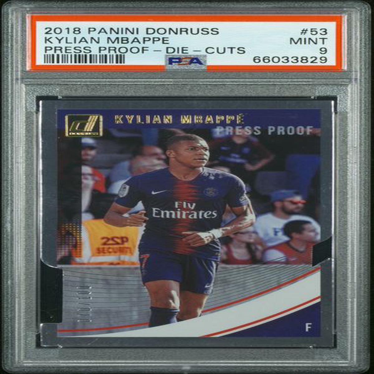 Graded 2018 Panini Donruss Press Proof Die Cuts Kylian Mbappe #53 /100 Soccer Card PSA 9 Mint