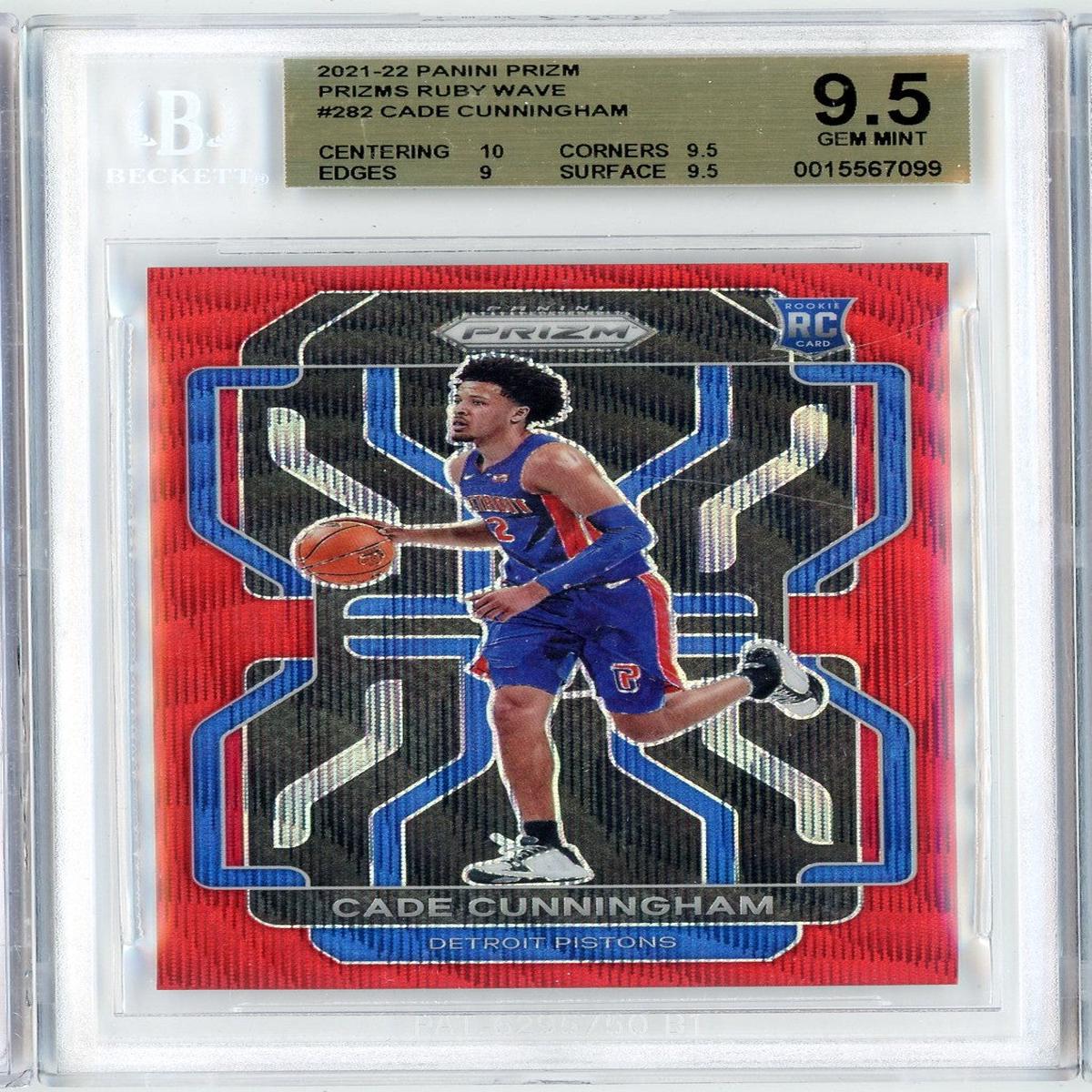 Graded 2021 Panini Prizm Cade Cunningham #282 Ruby Wave Rookie RC Basketball Card BGS 9.5 Gem Mint