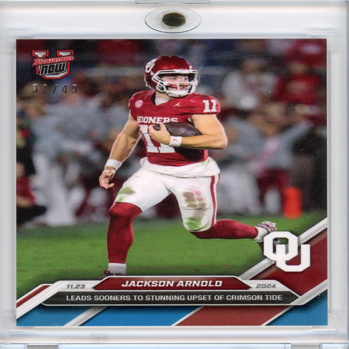 2024 Topps Bowman U Now Jackson Arnold #46 Blue #/49 Oklahoma Sooners Rookie RC Football Card