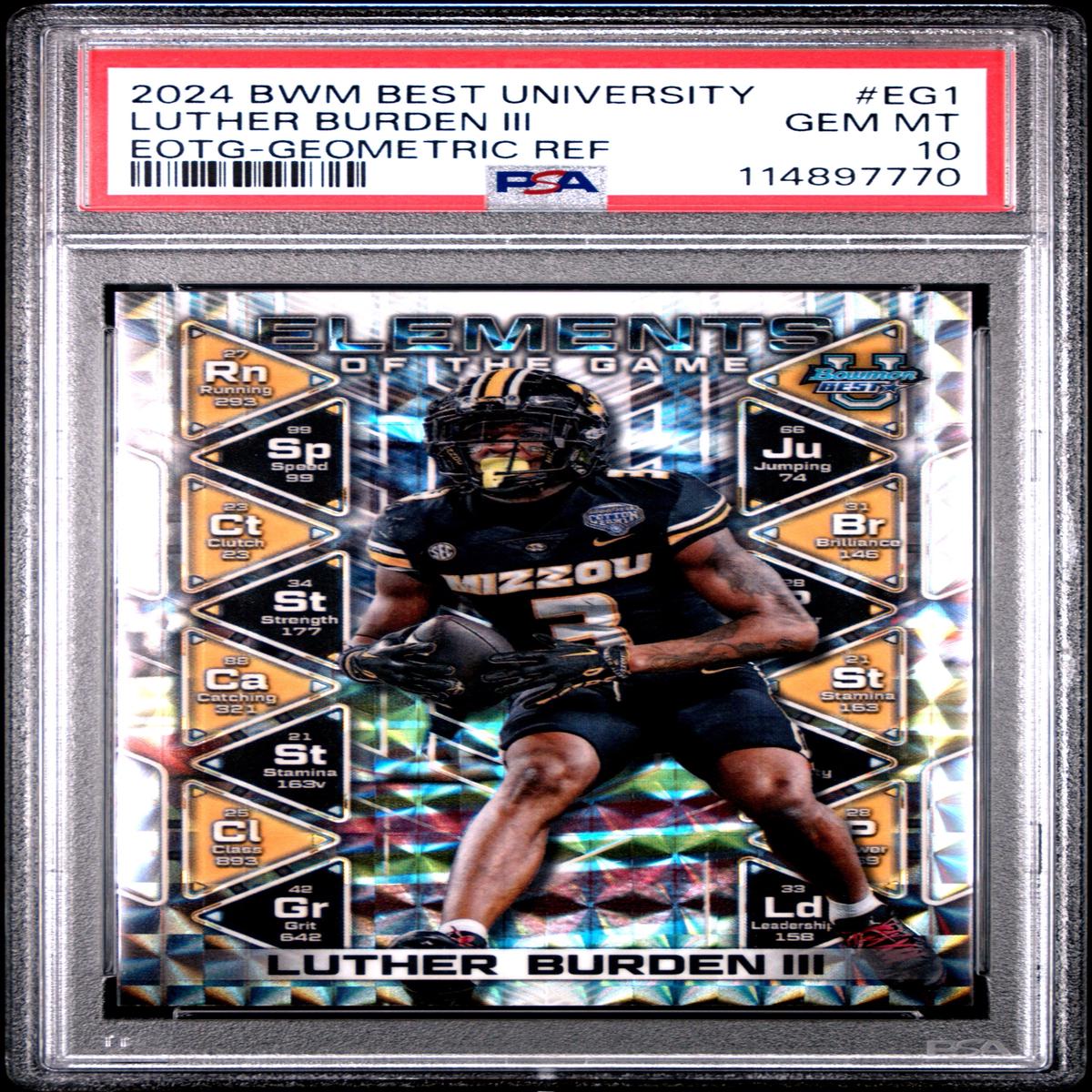 Graded 2024 Topps Bowman Best University Luther Burden III #EG1 Elements of the Game Geometric Refractor Rookie RC Football Card PSA 10 Gem Mint