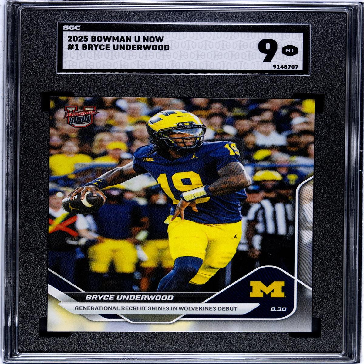 Graded 2025 Topps Bowman U Now Bryce Underwood #1 Generational Recruit Shines in Wolverines Debut Rookie RC Football Card SGC 9 Mint