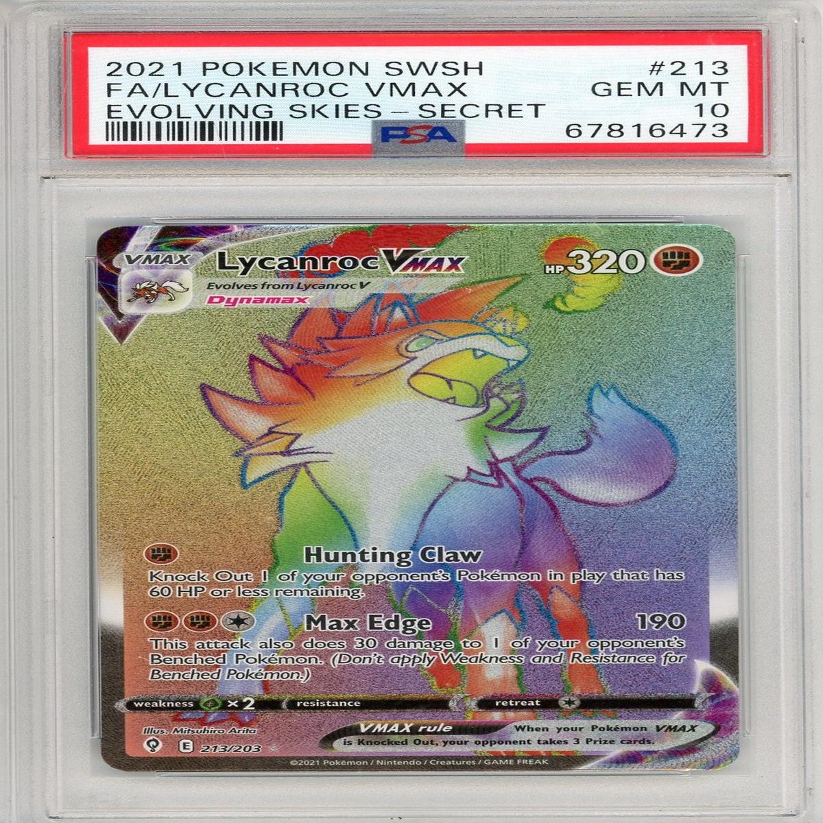 Graded 2021 PKM Sword & Shield Lycanroc #213 Vmax Evolving Skies Secret Trading Card Game PSA 10 Gem Mint