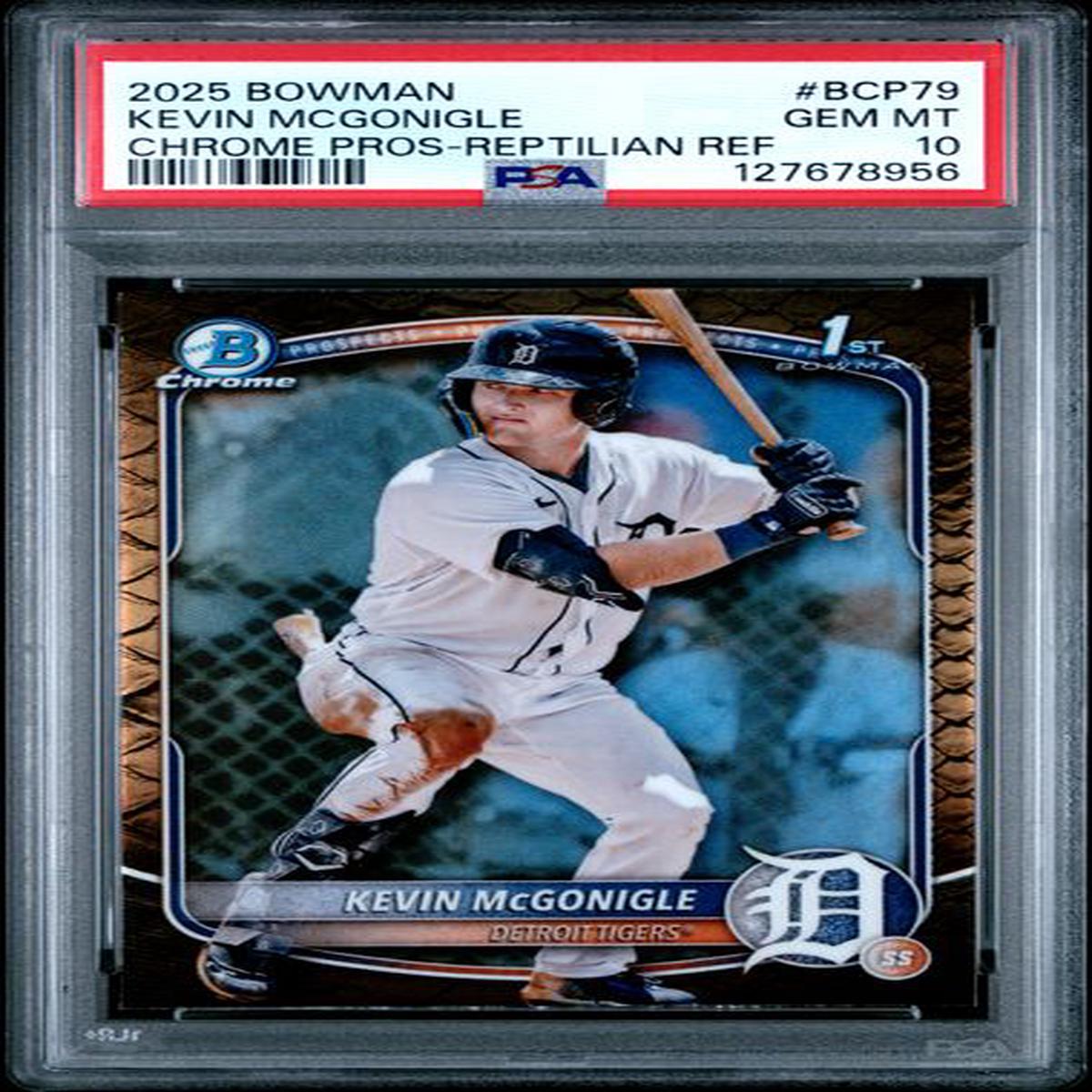 Graded 2025 Topps Bowman Chrome Kevin McGonigle #BCP79 Reptilian Refractor Rookie RC Baseball Card PSA 10 Gem Mint