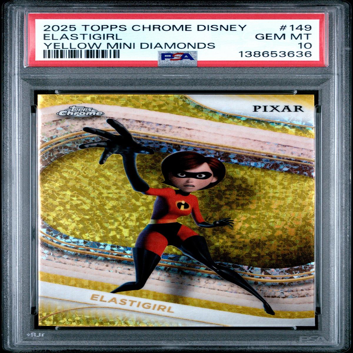Graded 2025 Topps Chrome Disney Elastigirl #149 Yellow Mini Diamonds The Incredibles Mrs. Incredible Trading Card PSA 10 Gem Mint
