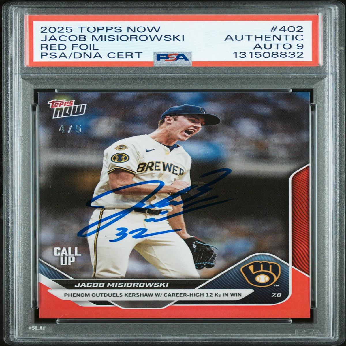 Graded 2025 Topps Now Jacob Misiorowski #402 Red Foil /5 Rookie RC Baseball Card PSA 9 Auto Grade Mint
