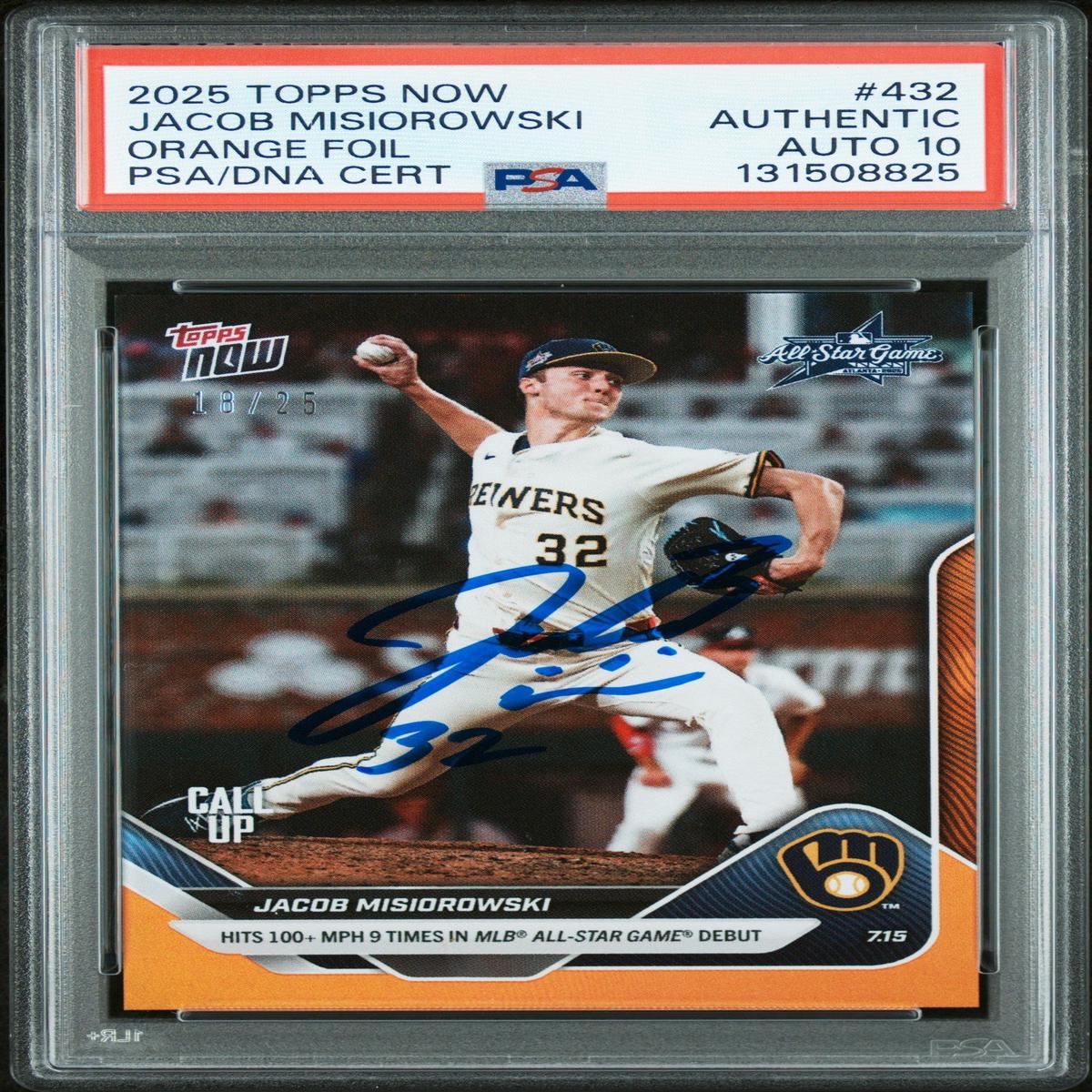 Graded 2025 Topps Now Jacob Misiorowski #432 Orange Foil /25 Rookie RC Baseball Card PSA 10 Auto Grade Gem Mint