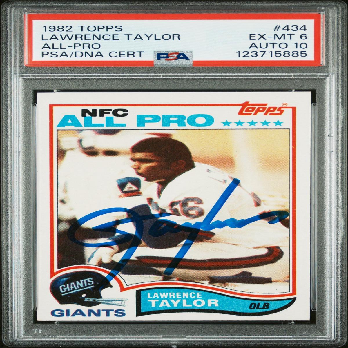 Graded 1982 Topps Lawrence Taylor #434 Rookie RC Signed Football Card PSA 6 Card - Auto Grade 10