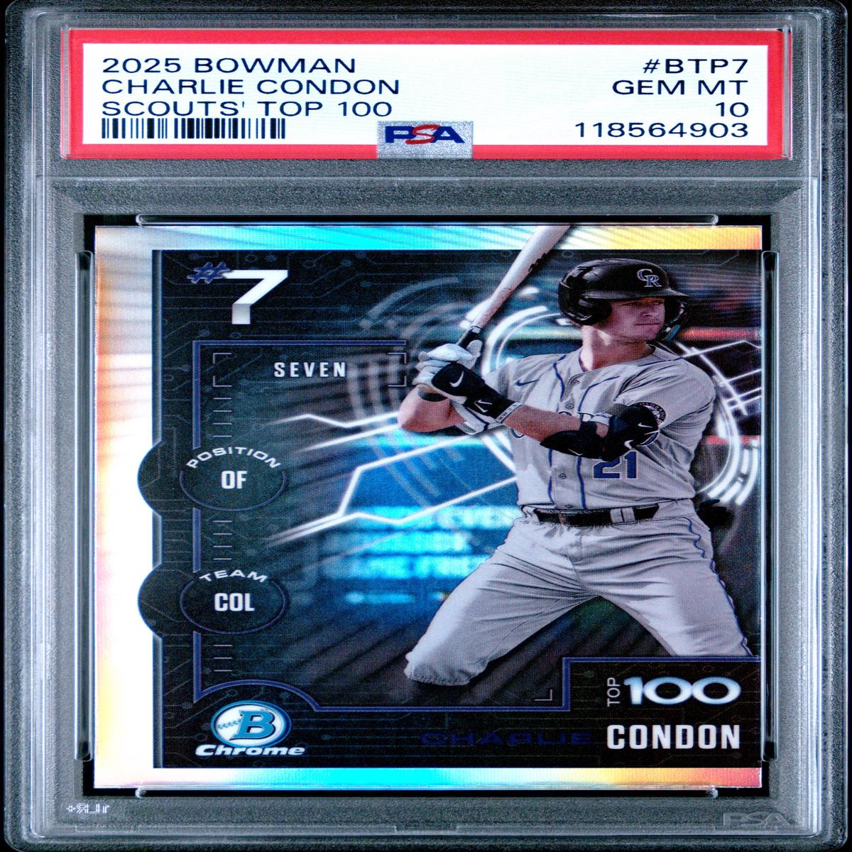 Graded 2025 Topps Bowman Charlie Condon #BTP7 Scouts Top 100 Rookie RC Baseball Card PSA 10 Gem Mint