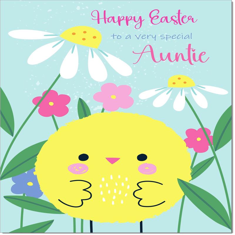 Auntie Easter Card Yellow Chick and Spring Flowers