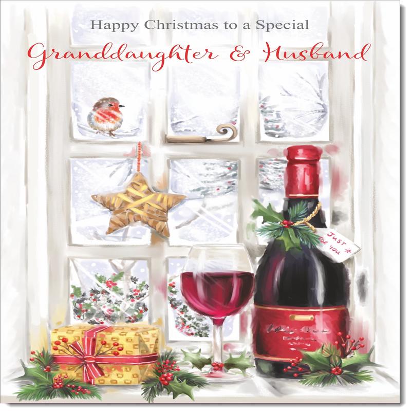 Granddaughter & Husband Christmas Card Red Wine Christmas Scene