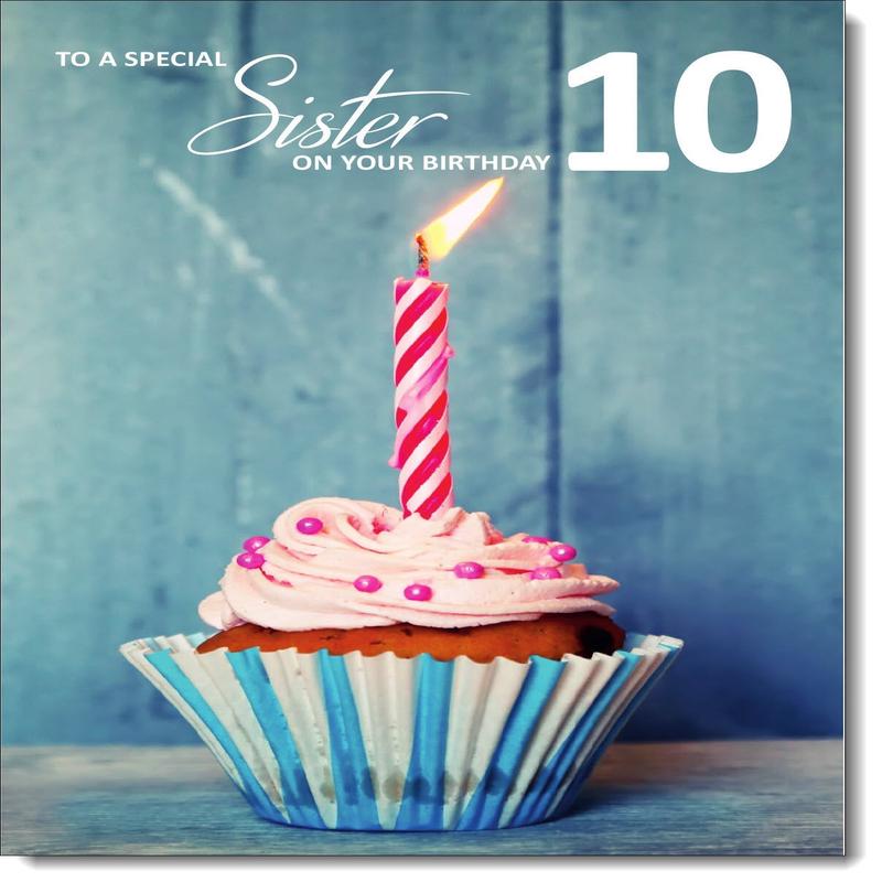 Sister 10th Birthday Card Age 10 Cupcake and Pink Candle