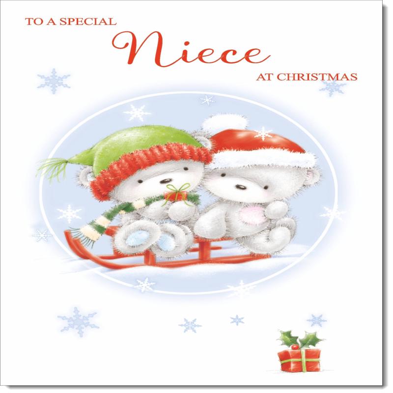 Niece Christmas Card Cute Bears on Sled