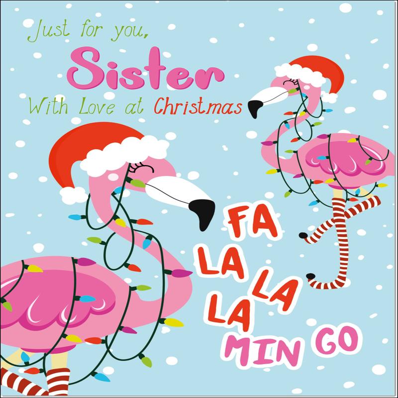 Sister Christmas Card Flamingo Christmas Tree Lights