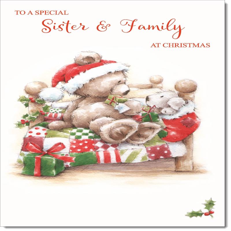 Sister & Family Christmas Card Cute Bear on Bed