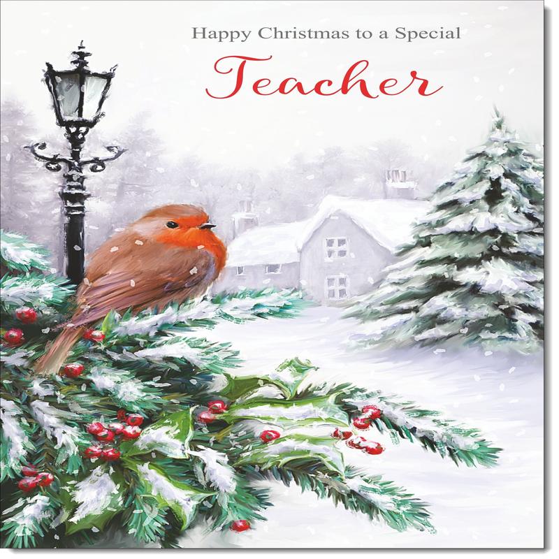 Teacher Christmas Card Robin in Winter Scene