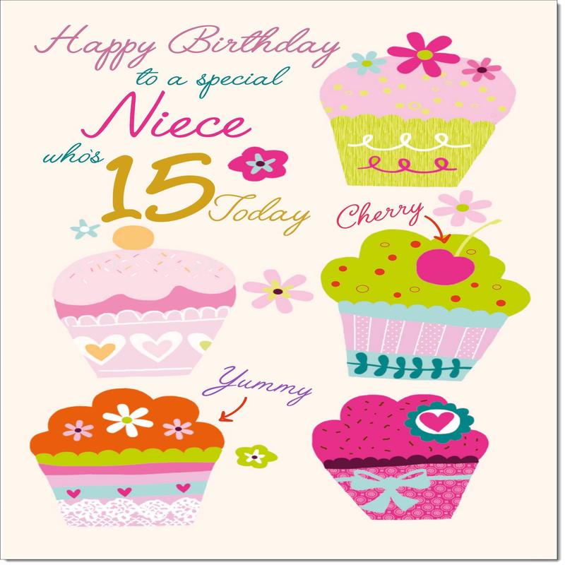 Niece 15th Birthday Card Age 15 Bright Cupcakes