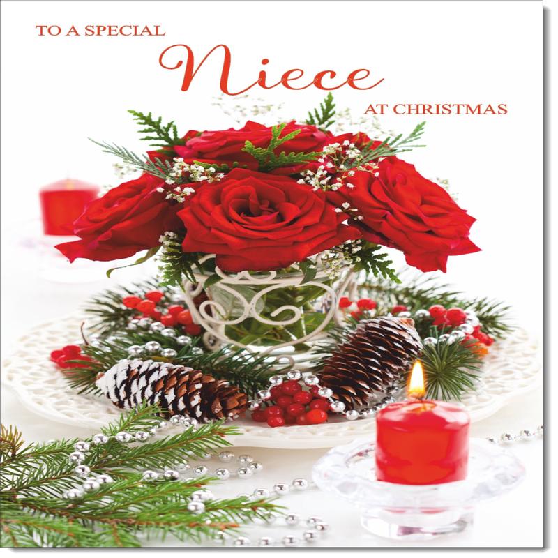 Niece Christmas Card Red Roses Christmas Arrangement