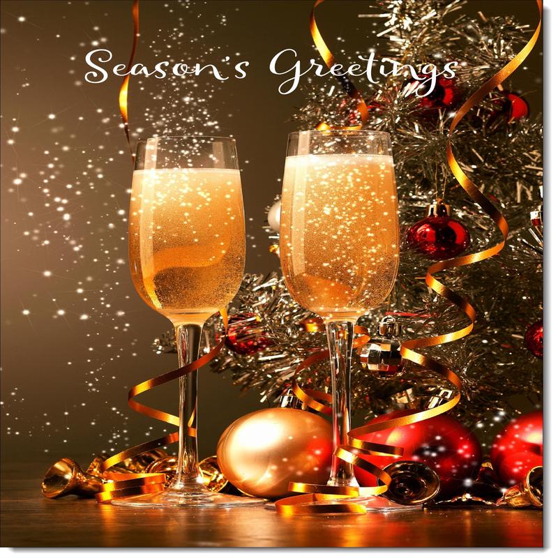 Seasons Greetings Christmas Card Two Champagne Glasses