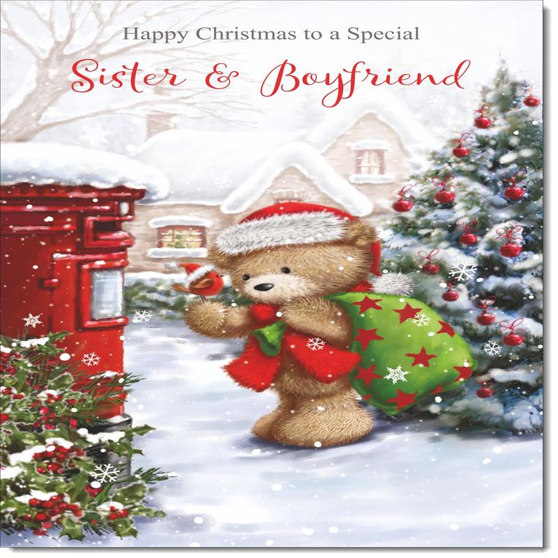 Sister & Boyfriend Christmas Card Cute Bear at Post Box