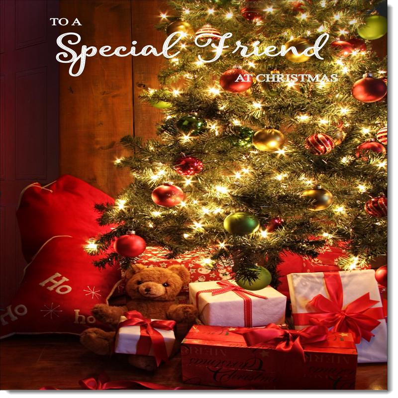Special Friend Christmas Card Teddy by Christmas Tree