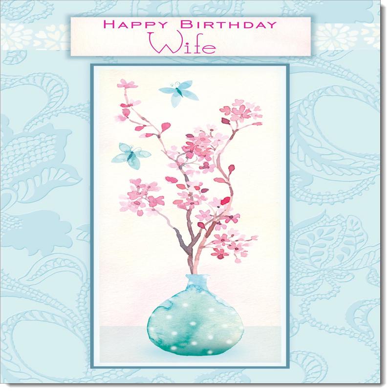 Wife Birthday Card Blue Vase and Blossom