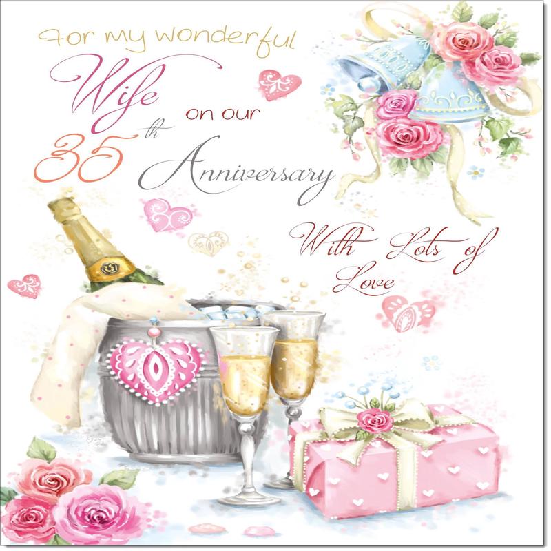 Wife Coral 35th Wedding Anniversary Card Champagne Bucket