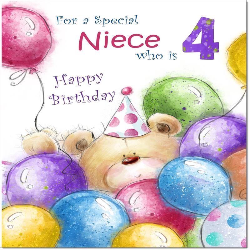 Niece 4th Birthday Card Age 4 Cute Teddy Bear in Balloons