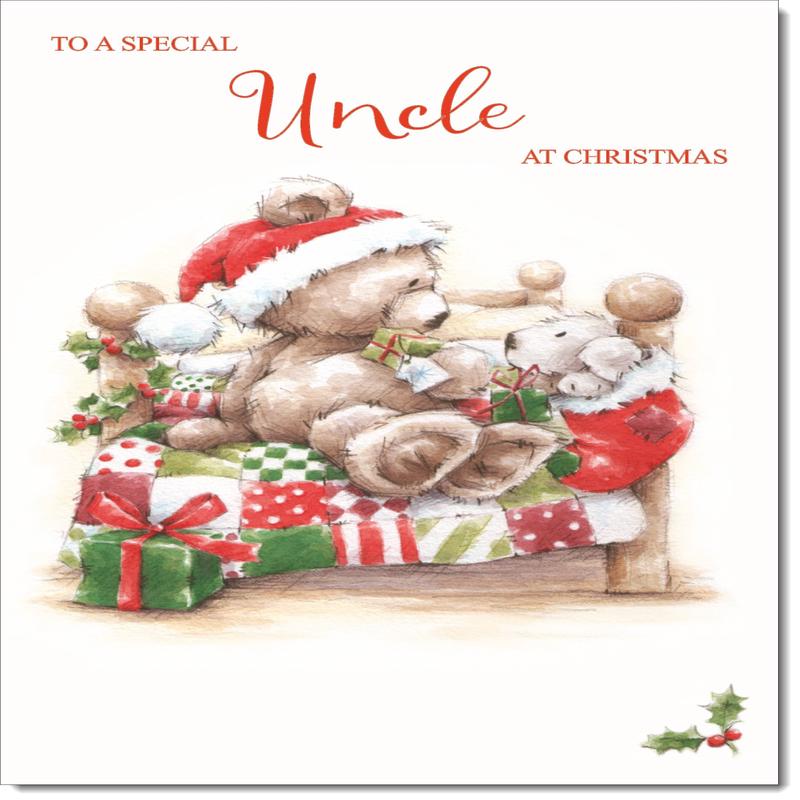 Uncle Christmas Card Cute Bear on Bed