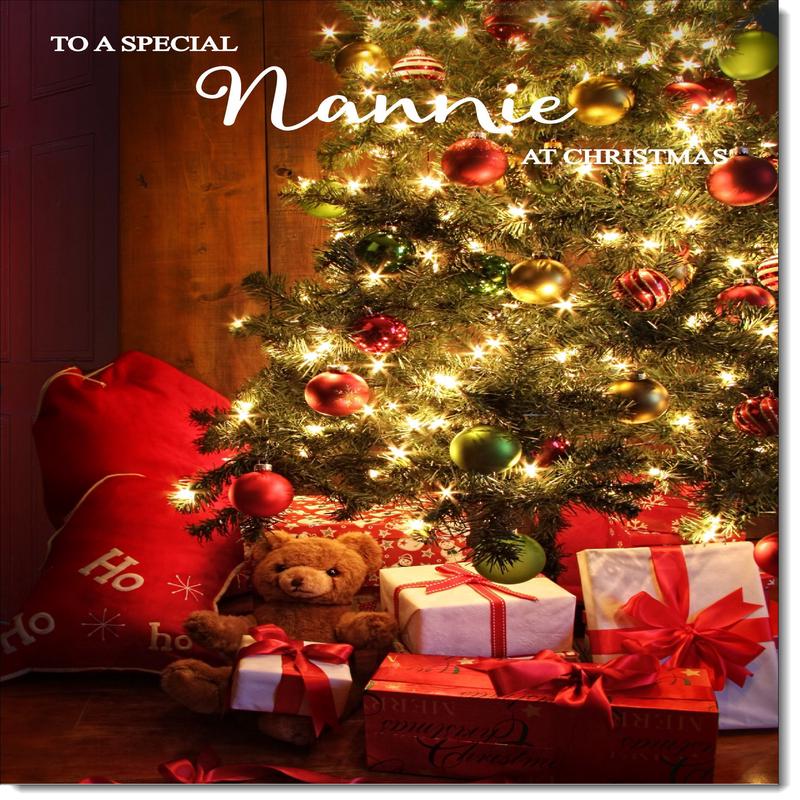 Nannie Christmas Card Teddy by Christmas Tree