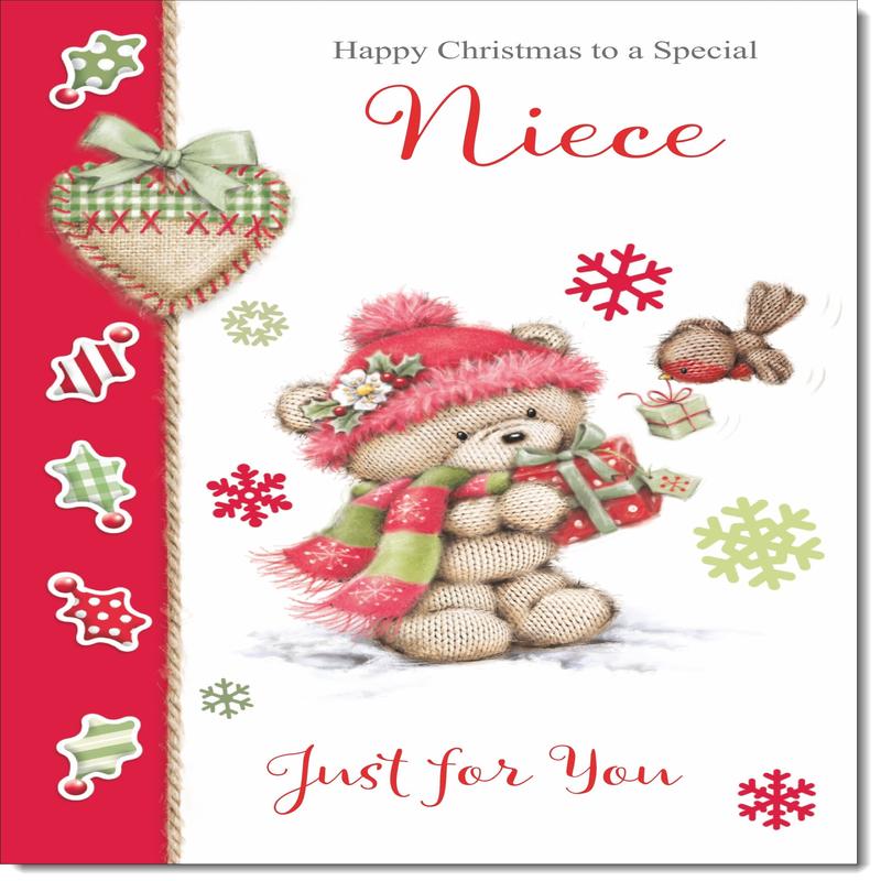 Niece Christmas Card Cute Bear in Pink Bobble Hat