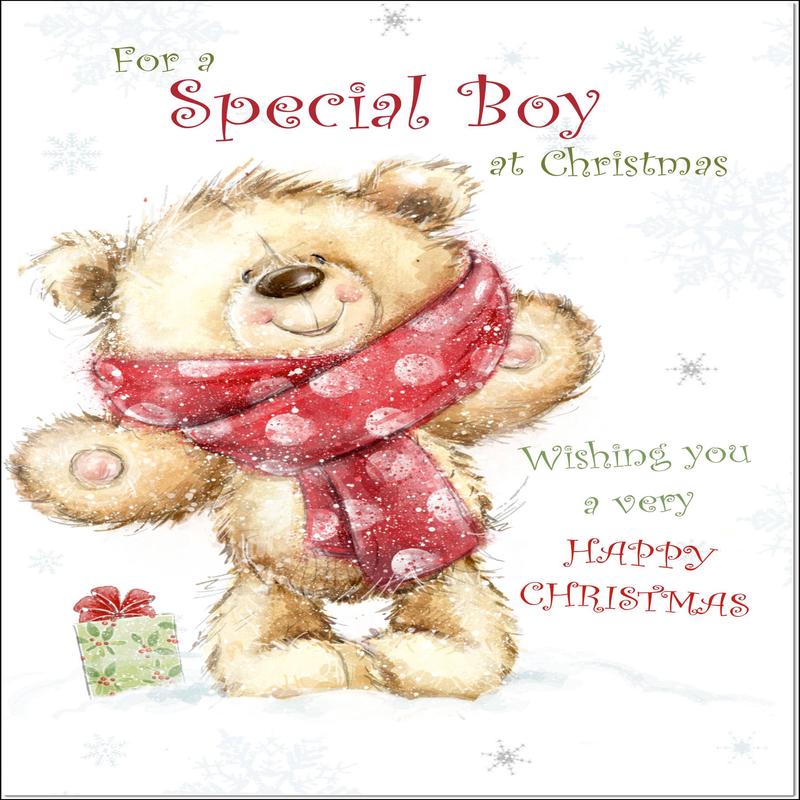 Special Boy Christmas Card Teddy Bear With Red Scarf