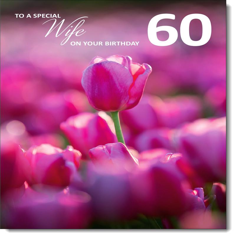 Wife 60th Birthday Card Age 60 Pink Tulip Field