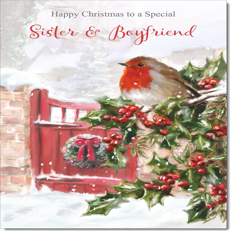 Sister & Boyfriend Christmas Card Robin on Holly Tree