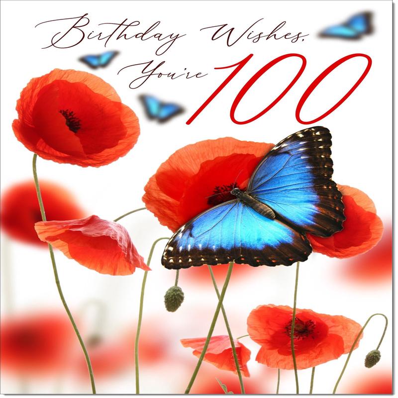 100th Birthday Card Age 100 for Her Poppies and Blue Butterflies