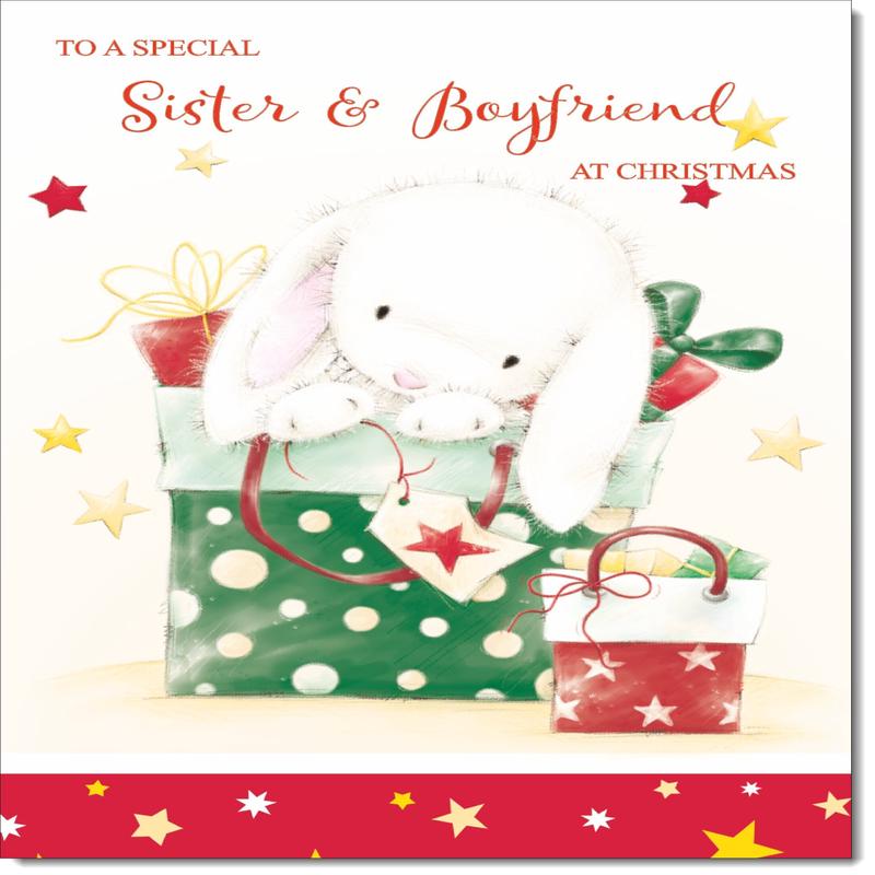 Sister & Boyfriend Christmas Card Cute Rabbit with Parcels