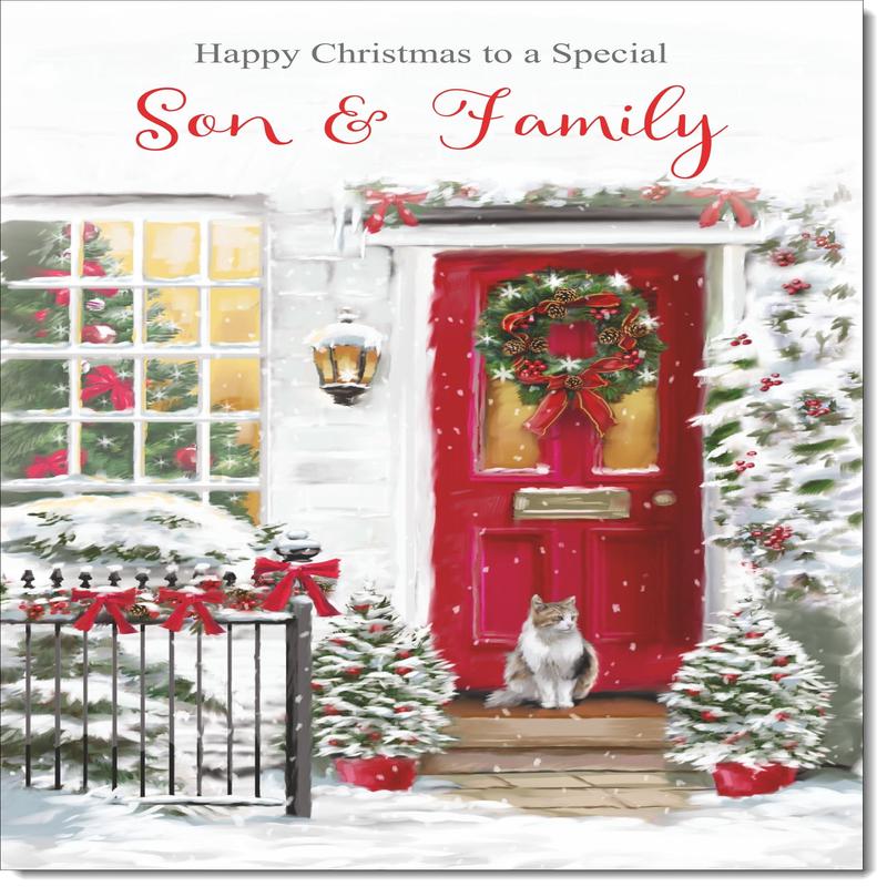Son & Family Christmas Card Cat by Snowy Red Door