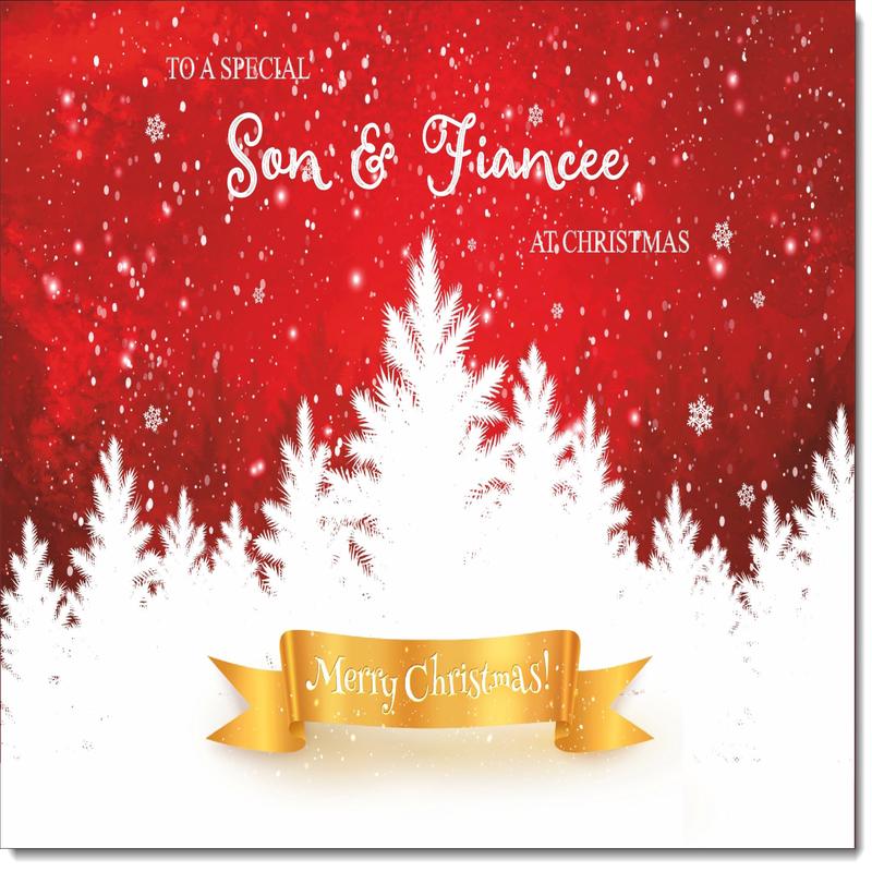 Son & Fiancee Christmas Card White Forest with Red Sky