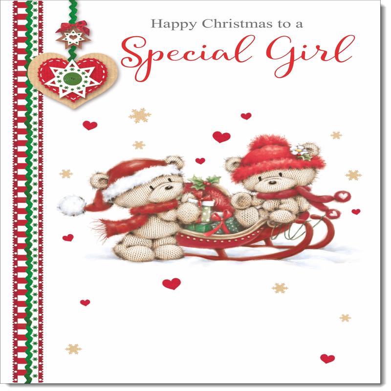 Special Girl Christmas Card Two Cute Bears on Sled