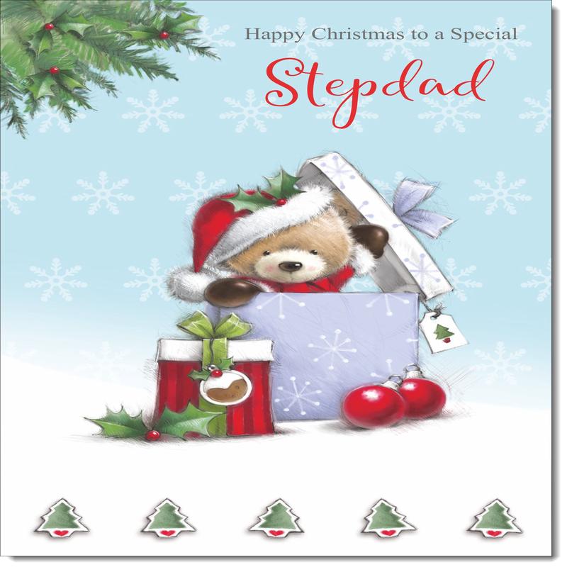 Stepdad Christmas Card Cute Bear in Christmas Parcel