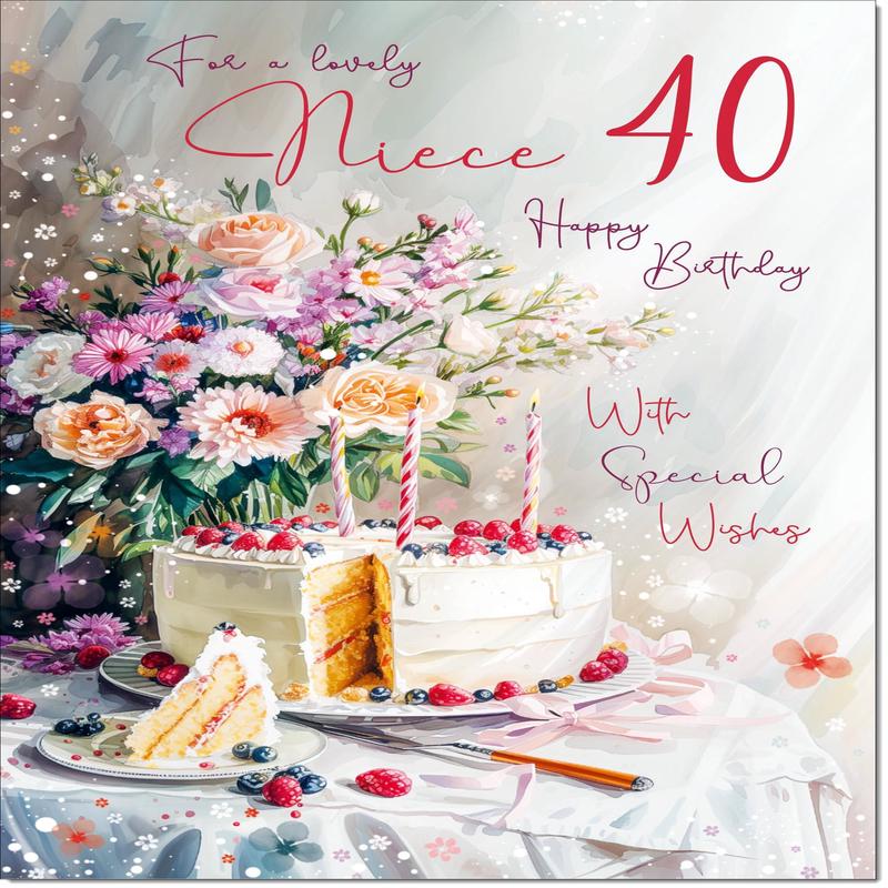 Niece 40th Birthday Card Age 40 Birthday Cake and Flowers