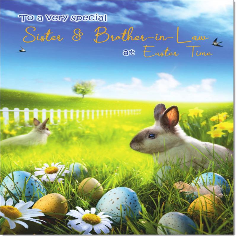 Sister & Brother-in-Law Easter Card Bunnies in Field