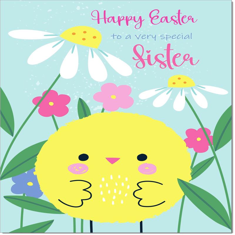 Sister Easter Card Yellow Chick and Spring Flowers