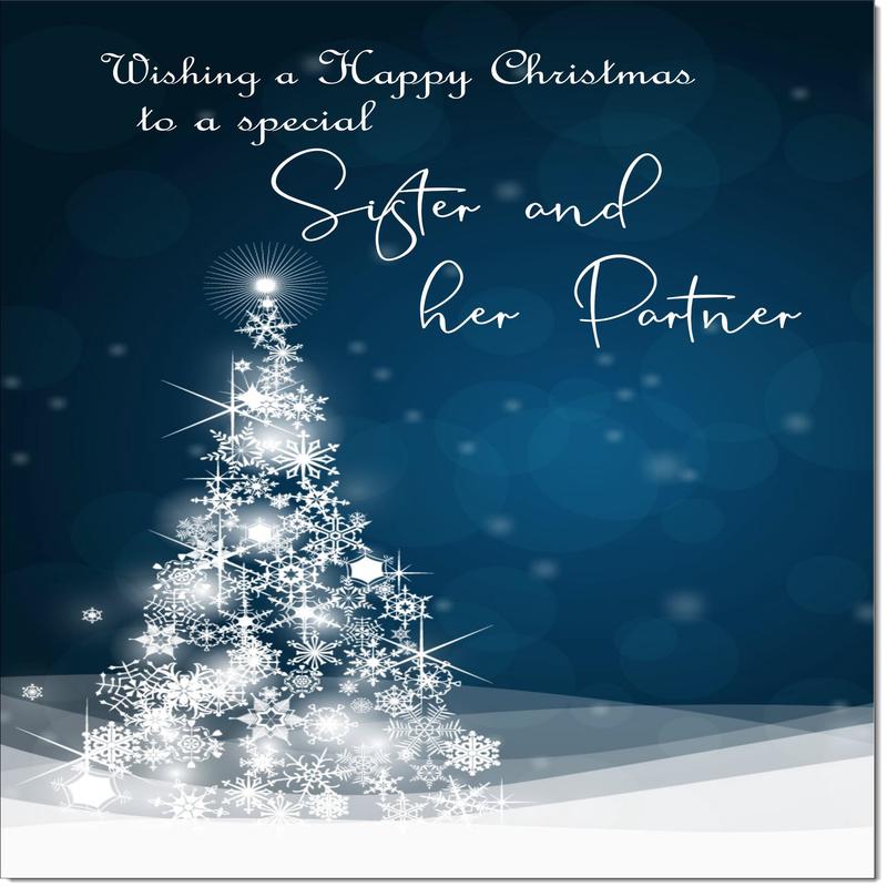 Sister & Partner Christmas Card Blue Abstract Christmas Tree