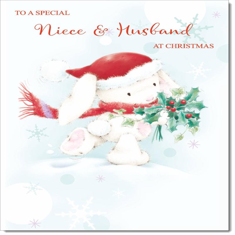 Niece & Husband Christmas Card Cute Rabbit with Holly