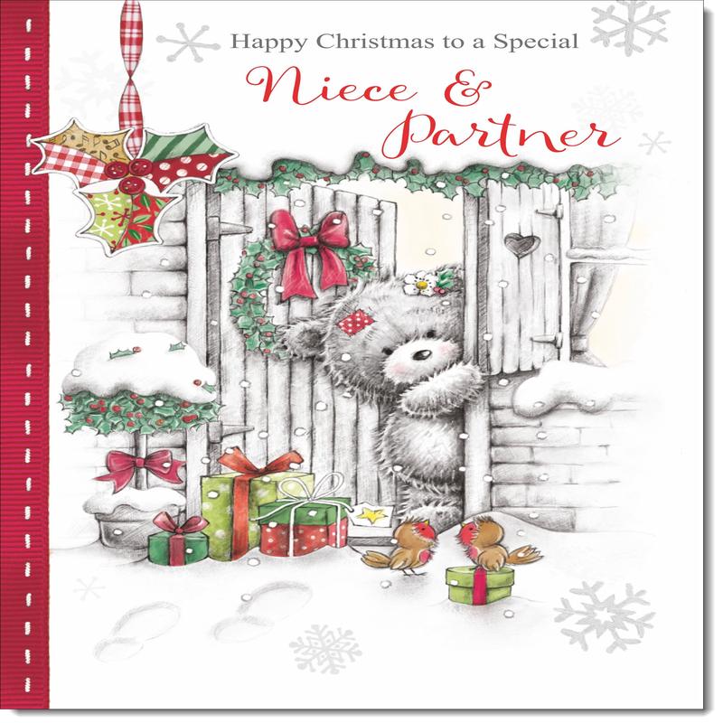 Niece & Partner Christmas Card Grey Bear in Snow