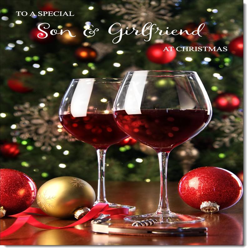 Son & Girlfriend Christmas Card Red Wine Glasses