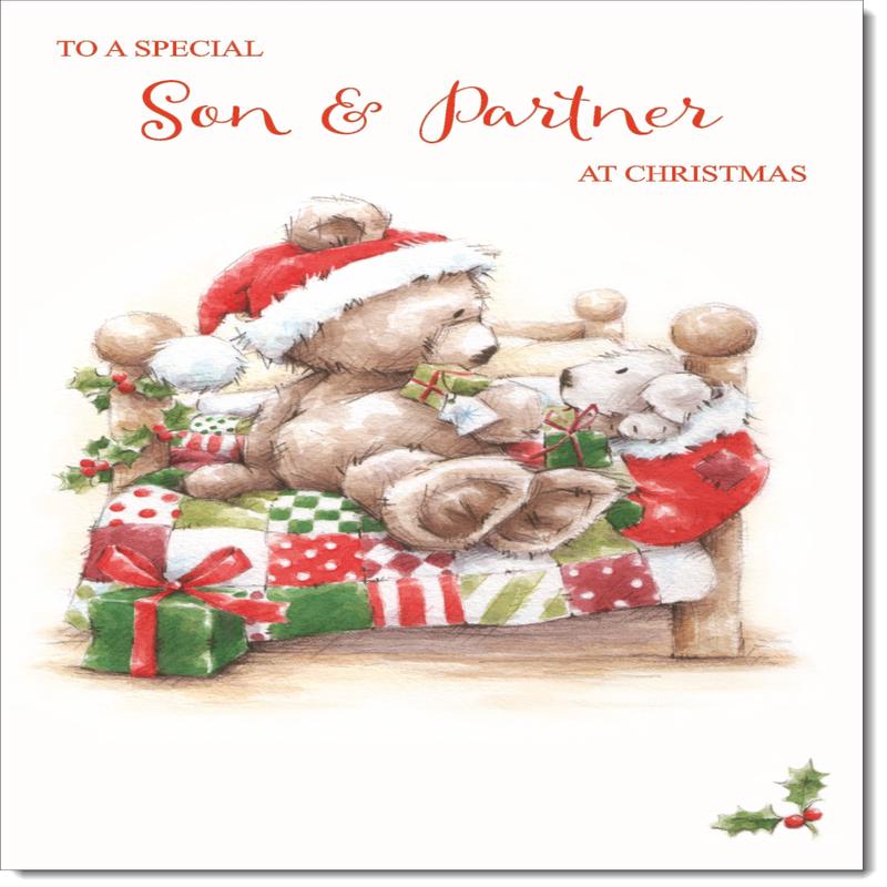Son & Partner Christmas Card Cute Bear on Bed